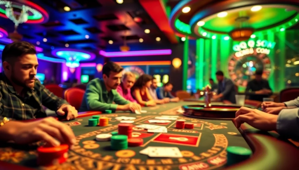 Experience the excitement of "qq88 com" at a lively poker table filled with colorful chips and eager gamblers.