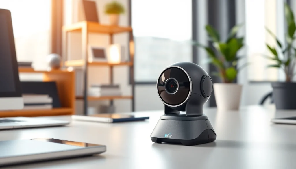 Capture the versatility of a caméra miniature in a sleek, modern office, emphasizing its features and compact design.