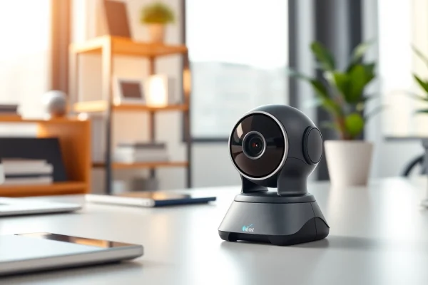 Capture the versatility of a caméra miniature in a sleek, modern office, emphasizing its features and compact design.