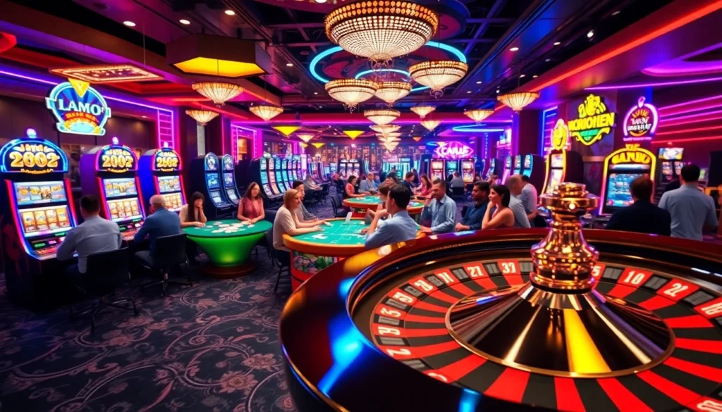 Jogoluck casino scene with engaging players at vibrant slot machines and roulette tables.