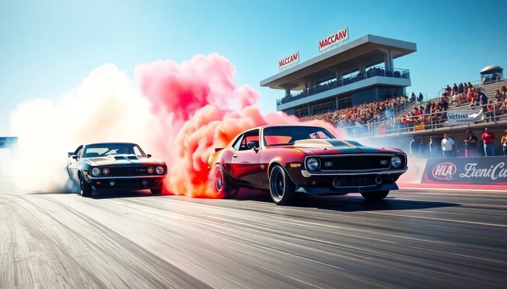 Drag Racing showdown featuring two cars speeding on a track with vibrant crowd and tire smoke.