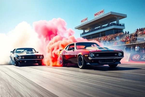 Drag Racing showdown featuring two cars speeding on a track with vibrant crowd and tire smoke.