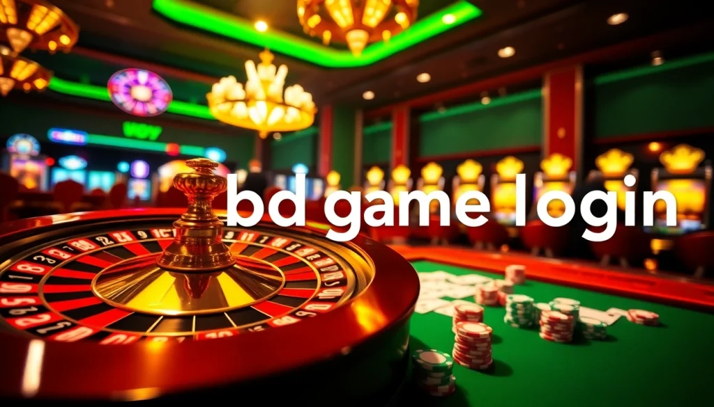Experience the thrill of BDG game login in a vibrant casino setting filled with roulette, poker chips, and slot machines.