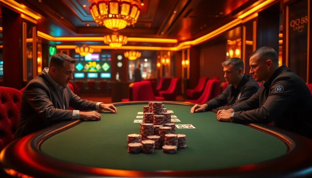 Experience the thrill of QQ 88 with friends at a luxury casino poker table, showcasing intense gameplay and vibrant casino lights.