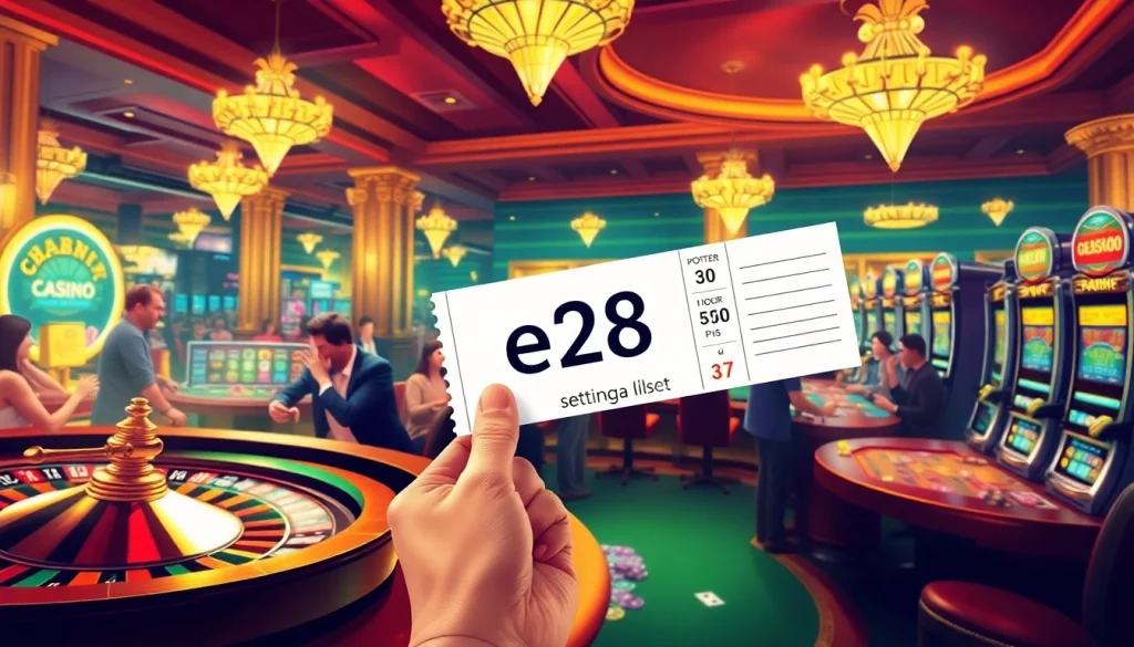 Players winning at poker and roulette inside the dazzling e28 casino, surrounded by vibrant slot machines and high-stakes action.