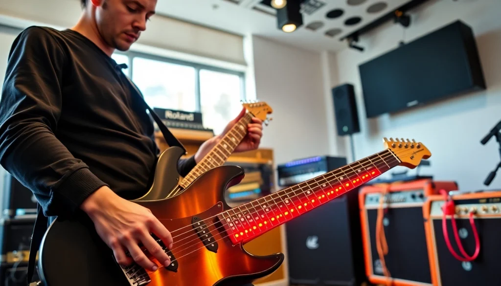 Musician demonstrates the VG99 guitar modeling system in a vibrant studio setting.