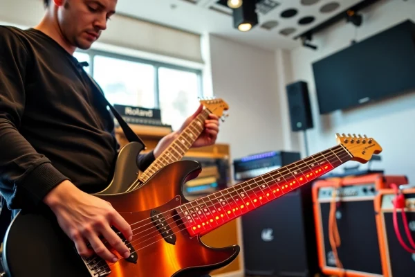 Musician demonstrates the VG99 guitar modeling system in a vibrant studio setting.