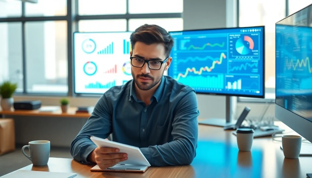 A professional analyzing digital marketing strategies for awin6868 in a modern office.