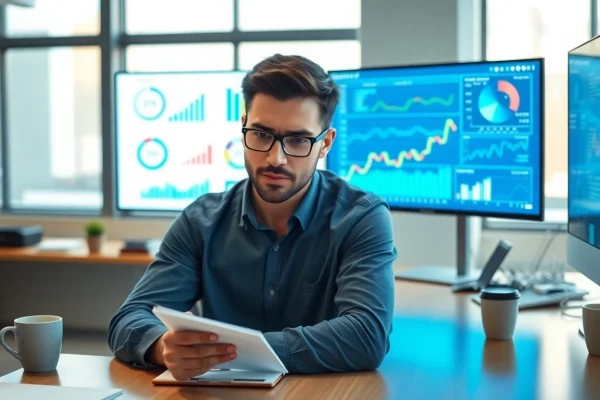 A professional analyzing digital marketing strategies for awin6868 in a modern office.