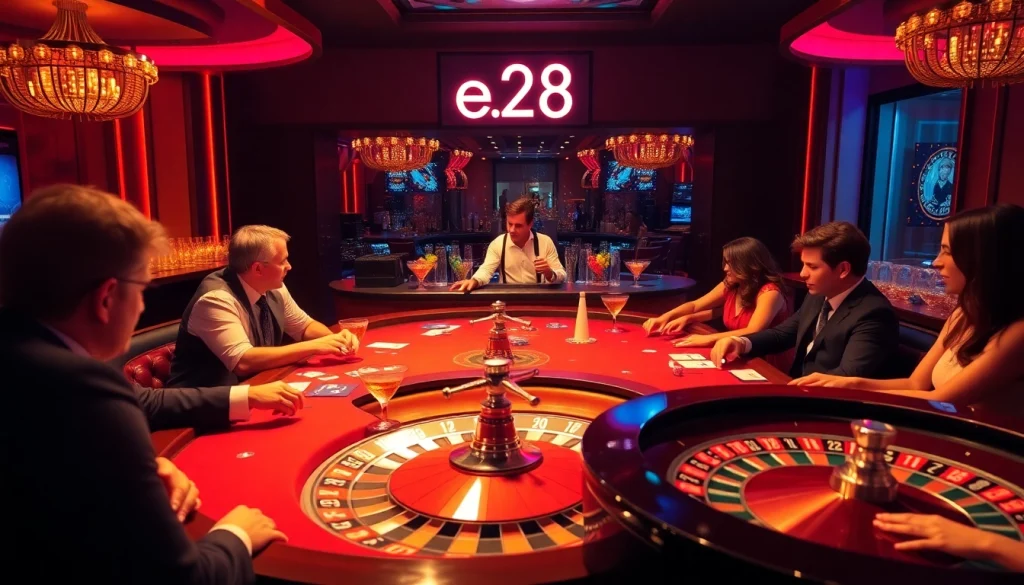 Experience the thrill of high-stakes gaming at e28 casino with vibrant poker chips and roulette action.