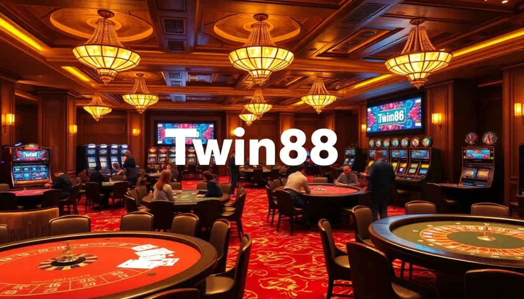 Twin68 enhances the excitement of gambling with lively casino settings showcasing poker chips, gaming tables, and players betting.