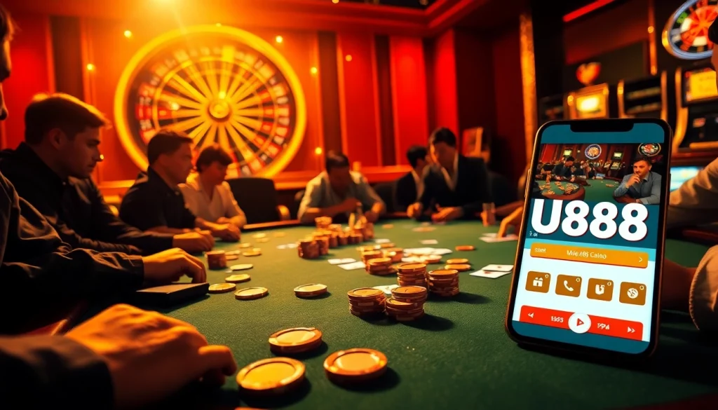 Immerse in the excitement of online gambling at https://uu88.broker/ with a high-stakes poker game, vibrant chips, and a roulette wheel.