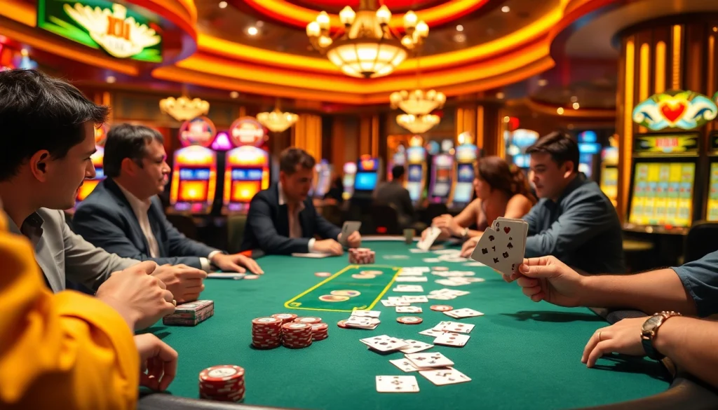 Players at the e28 poker table showcase excitement while betting, with chips and cards in focus, illustrating casino thrill.