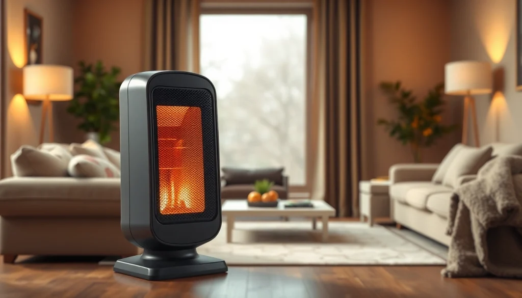 A modern space heater exemplifying the most energy efficient space heater showcased in a cozy living room.
