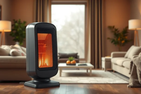A modern space heater exemplifying the most energy efficient space heater showcased in a cozy living room.