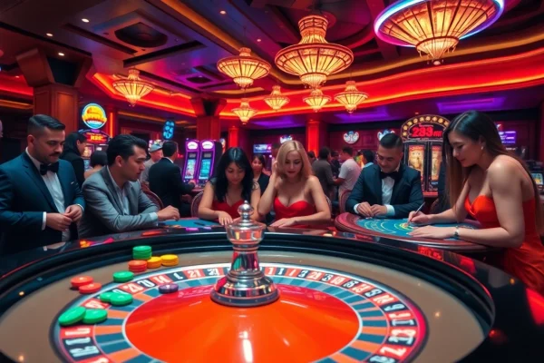 Experience the thrill of 대구 오피 gaming at a lively casino, showcasing roulette and diverse players engaging in exciting bets.
