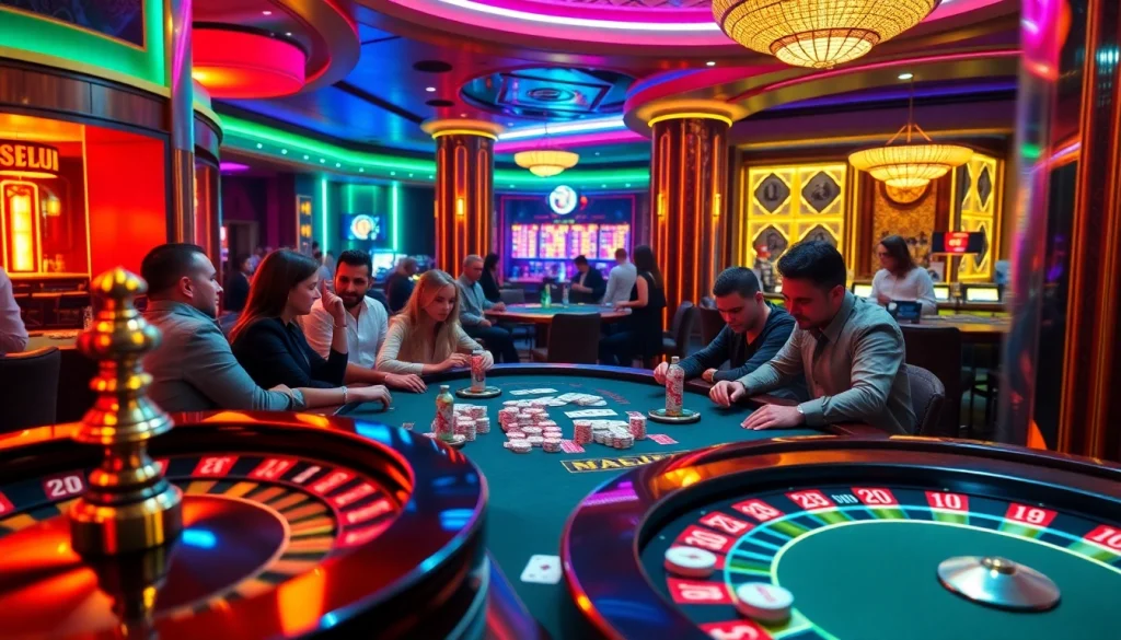 Players at a lively poker table in a casino setting with e28 excitement, poker chips, and a roulette wheel.