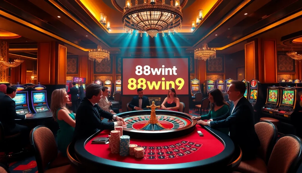 Experience the thrill of winning at casino games with 98win9, showcasing lively players and vibrant roulette tables.