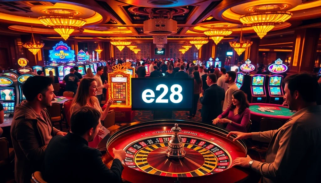 A lively casino scene with players enjoying roulette and poker, showcasing the excitement of e28 and vibrant gaming activities.