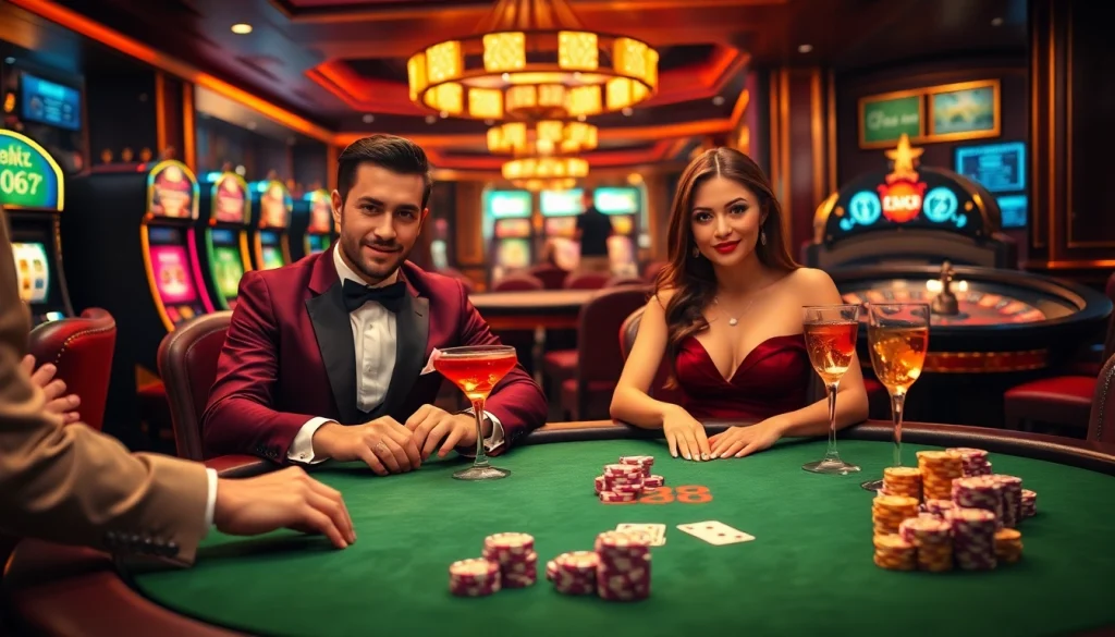 Engage in high-stakes poker at e28's luxurious casino table, featuring vibrant chips and attentive players.