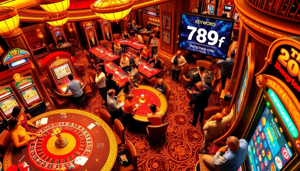 The casino scene highlights 789f with players engaging at vibrant slot machines, showcasing excitement and opulence.