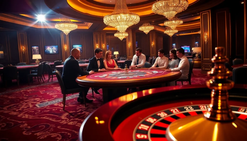 Players enjoying a thrilling poker game at tập đoàn kjc's luxurious casino, showcasing excitement and high stakes.