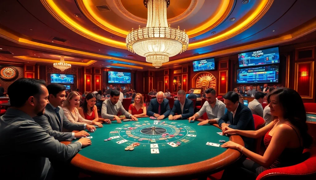 Excited players enjoying blackjack at a luxurious casino with https://hz88.my/ promotions displayed on screens.