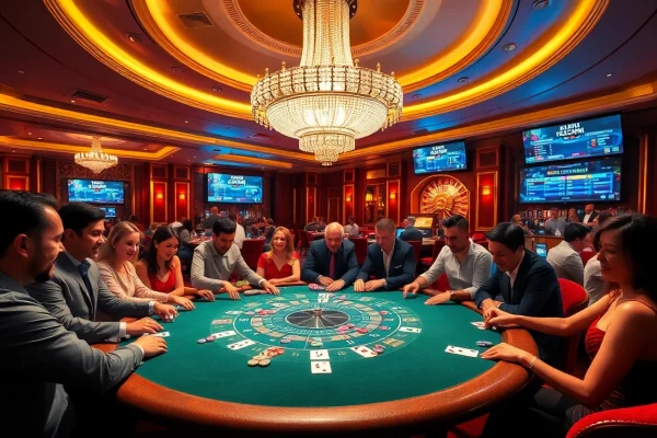 Excited players enjoying blackjack at a luxurious casino with https://hz88.my/ promotions displayed on screens.