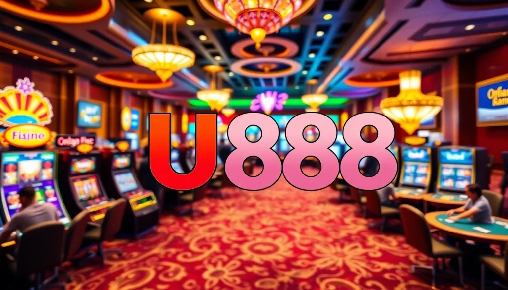 Engage in thrilling gaming experiences at U888's opulent online casino featuring vibrant scenes and lively action.