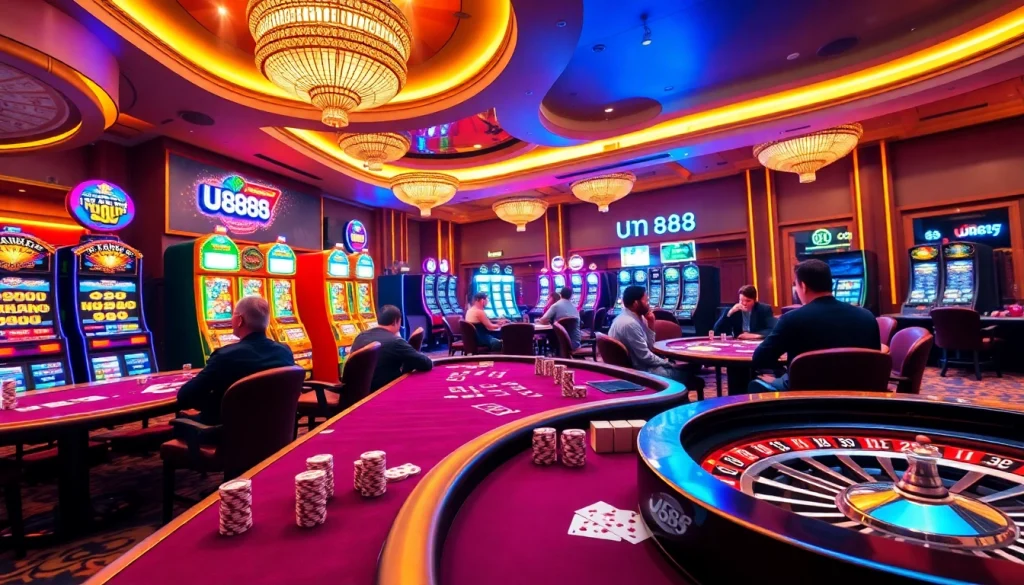Thrilling U888 casino scene featuring poker games and bright slot machines.