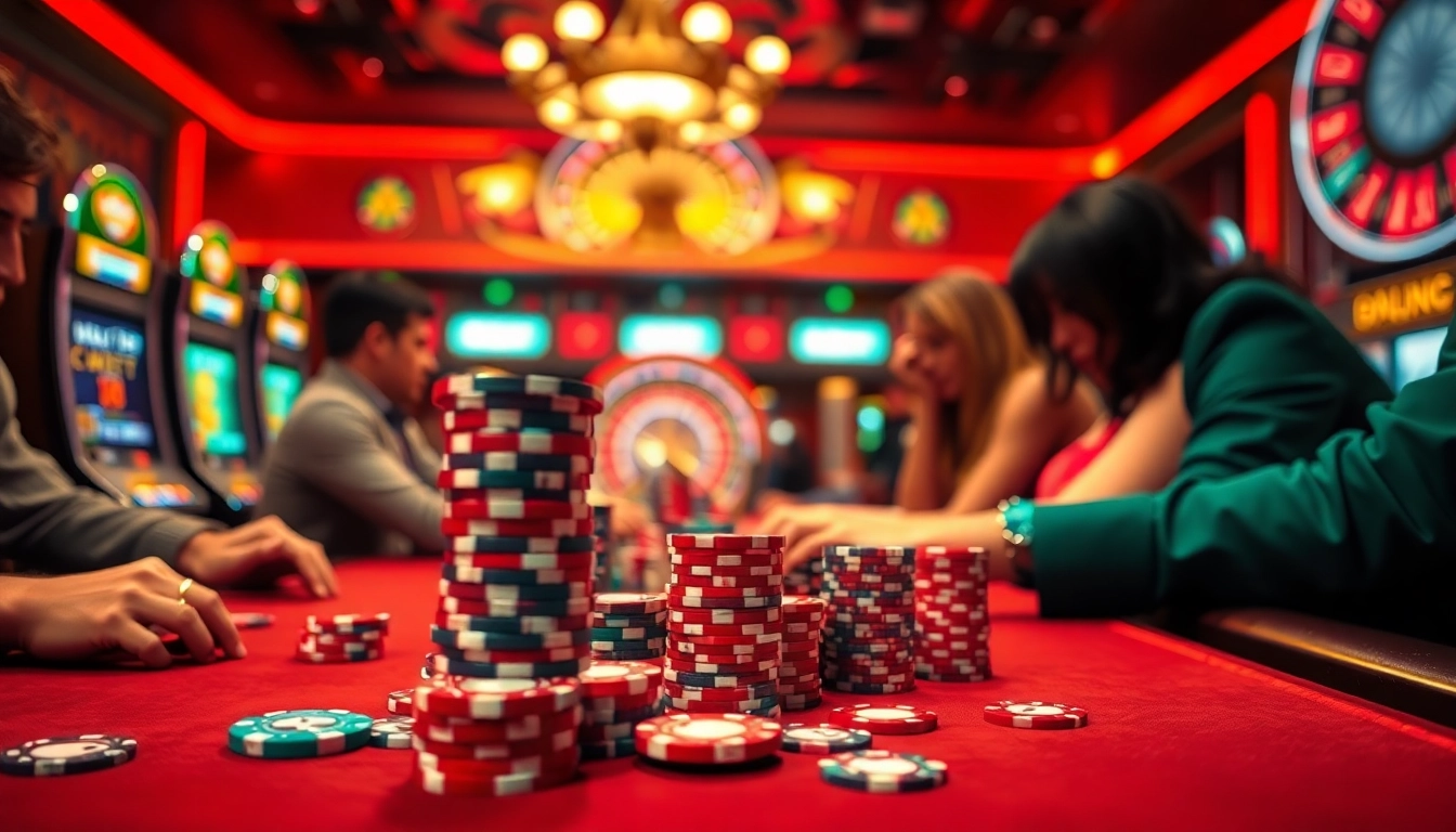 Experience the excitement of HZ88 at a high-stakes poker table, showcasing vibrant chips and intense players.