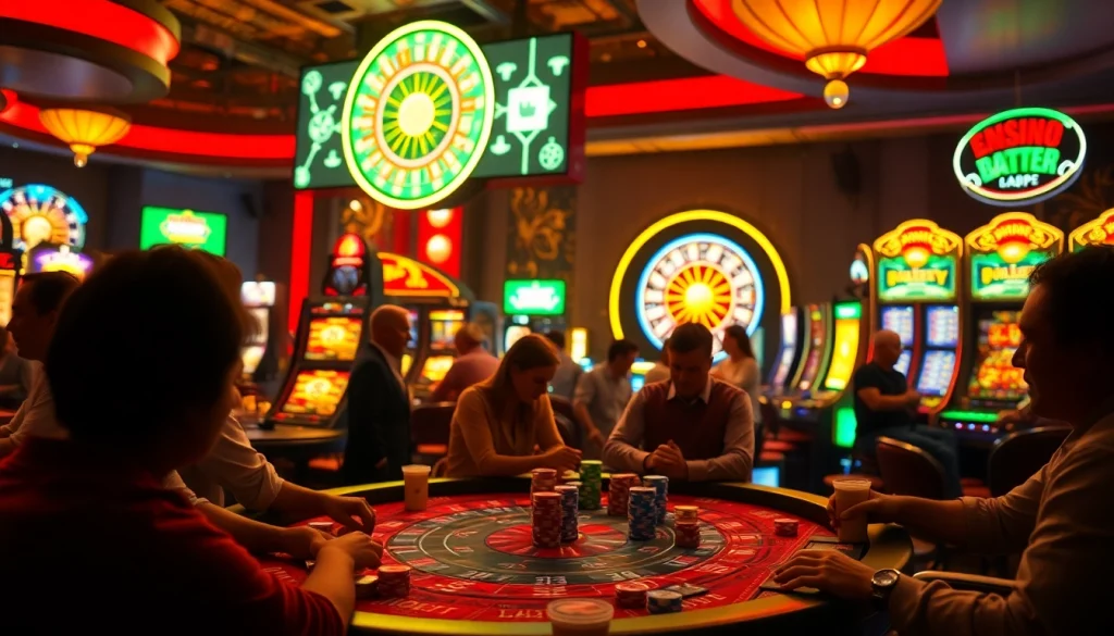 Thrilling casino scene showcasing players at a poker table, integrating energy storage system concepts with visuals of modern technology in the background.