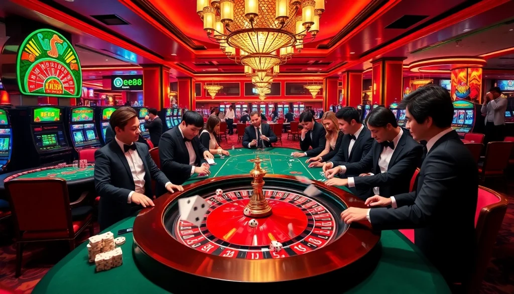 Experience the thrill at Nhà cái EE88 with players enjoying roulette, poker, and vibrant casino tables.