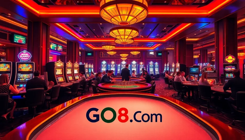 Capture the excitement of GO8.Com's vibrant casino atmosphere with players at blackjack and roulette tables.