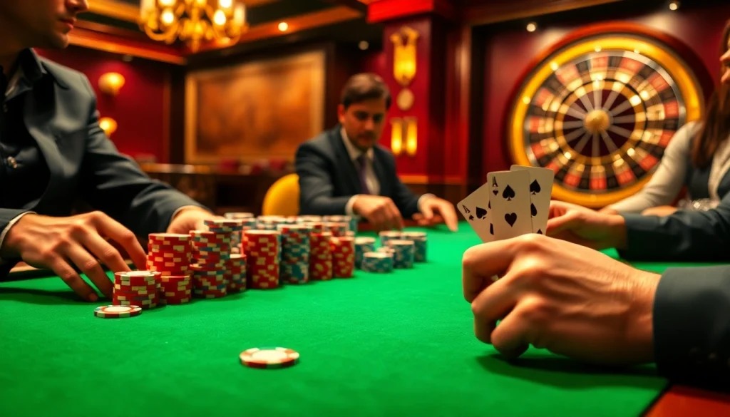 Players engage in an exciting poker game at rikvip's upscale casino, with vibrant chips and anticipation-filled cards.