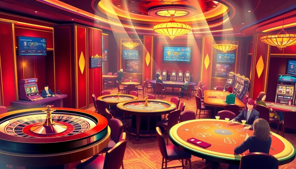 OKVIP gaming action featuring luxurious roulette and poker tables in a vibrant casino setting.