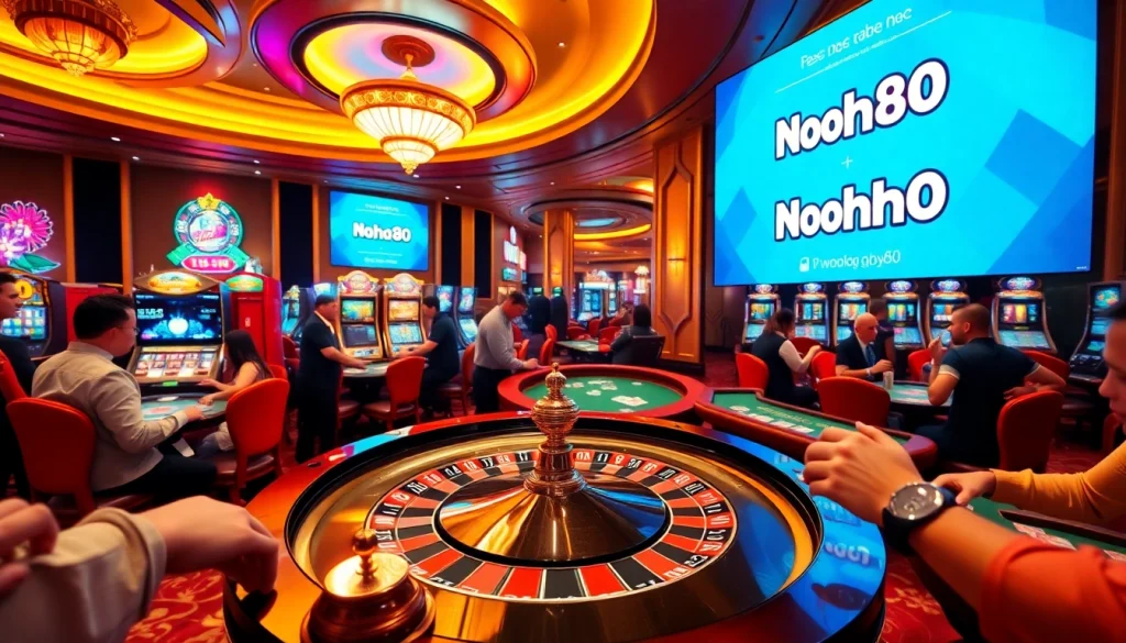 Nohu90 brings excitement at a dynamic roulette table with enthusiastic players betting in a luxurious casino atmosphere.