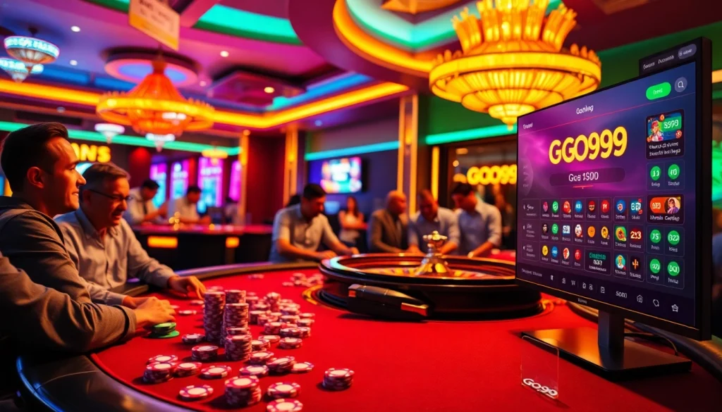 Experience the excitement of Go99 with vibrant poker chips and engaging gameplay in a lively casino atmosphere.