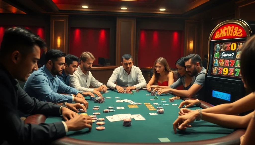 Engaging poker scene showcasing players in action at gacor123 table, with vibrant chips and cards.