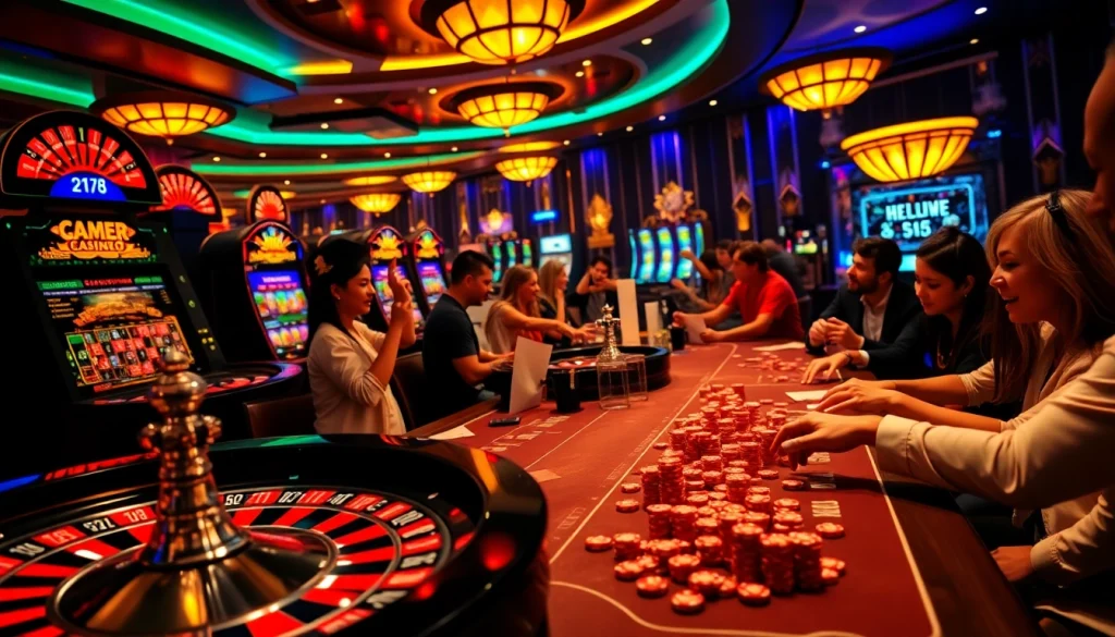 Experience the excitement at go8 with players at a vibrant poker table in a bustling casino.