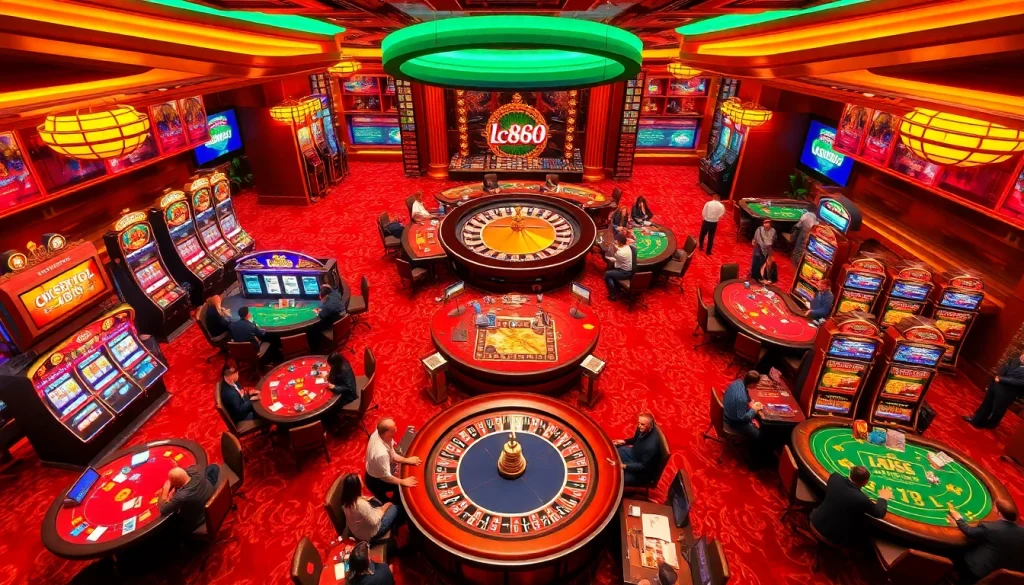 Experience the thrill of LC888 with players winning at vibrant casino tables and exciting slot machines.